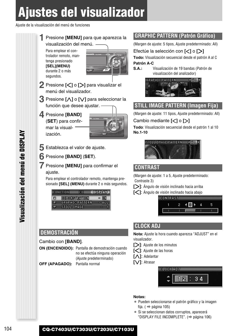 Ajustes del visualizador, Visualización del menú de displa y | Panasonic C7203U User Manual | Page 104 / 114