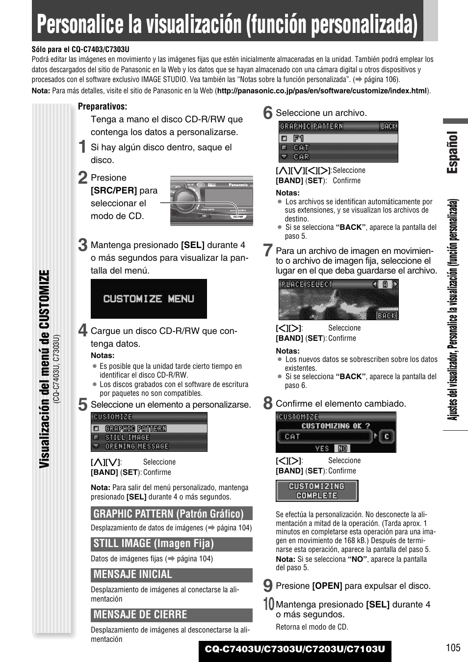 Personalice la visualizacion, Español, Visualización del menú de customize | Panasonic C7203U User Manual | Page 105 / 114