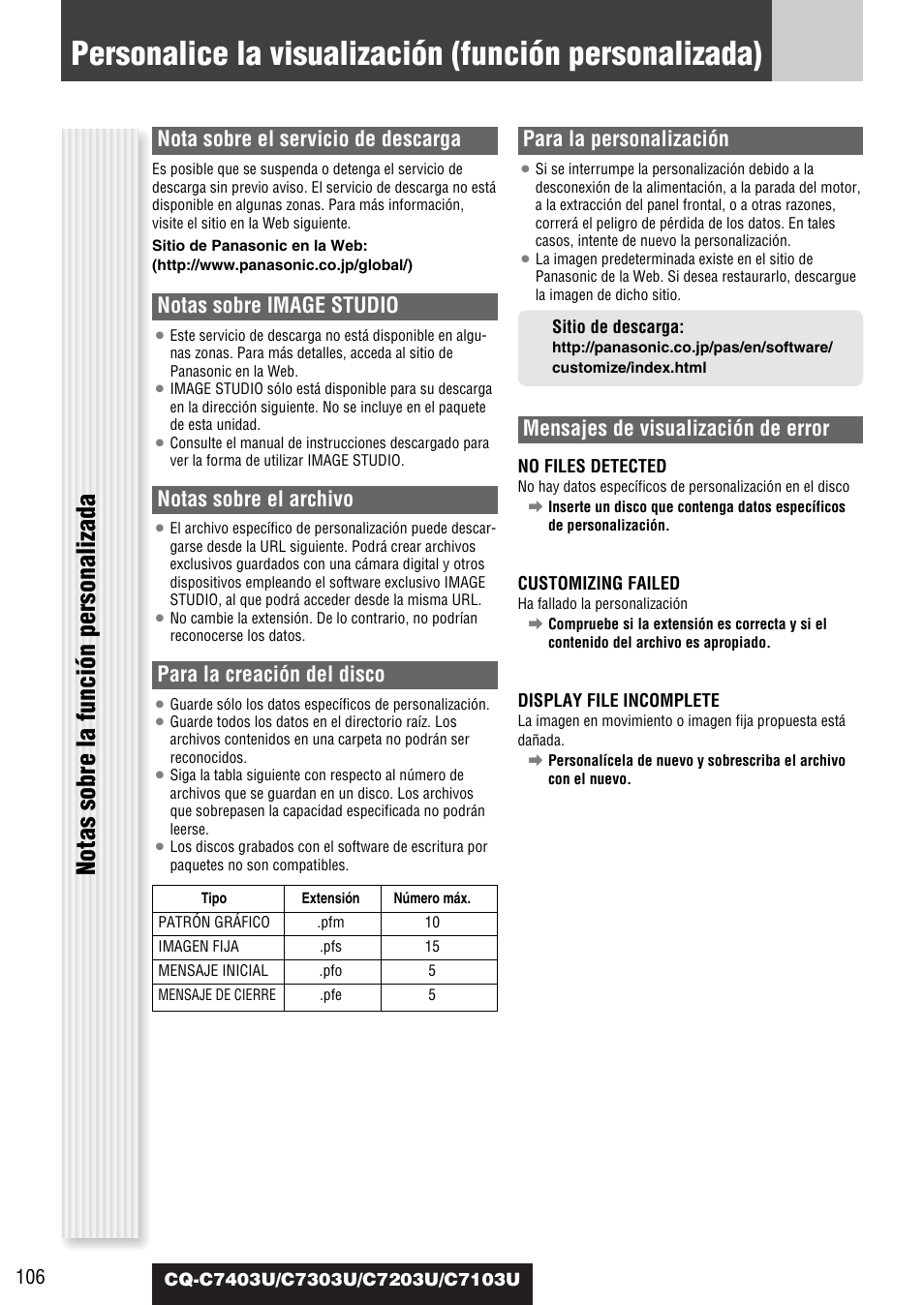 Notas sobre la función personalizada, Nota sobre el servicio de descarga, Notas sobre image studio | Notas sobre el archivo, Para la creación del disco, Para la personalización, Mensajes de visualización de error | Panasonic C7203U User Manual | Page 106 / 114