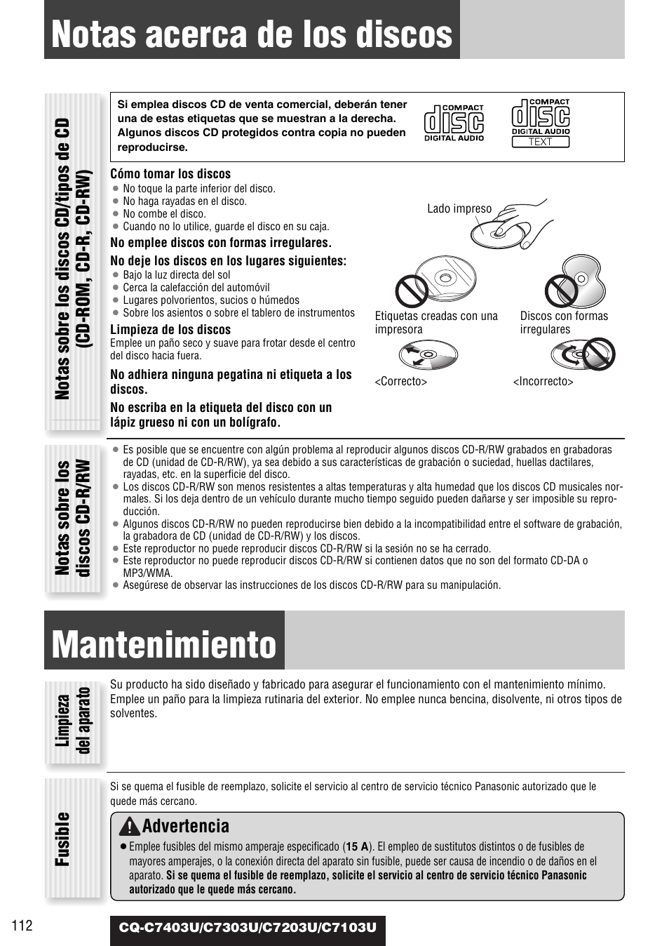 Notas acerca de los discos, Mantenimiento, Notas sobre los discos cd-r/rw | Limpieza del aparato fusible, Advertencia | Panasonic C7203U User Manual | Page 112 / 114