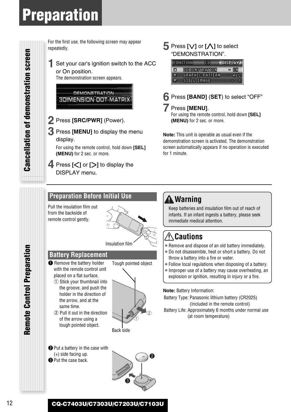 Preparation (clock adjustment etc.), Preparation, Warning | Cautions | Panasonic C7203U User Manual | Page 12 / 114