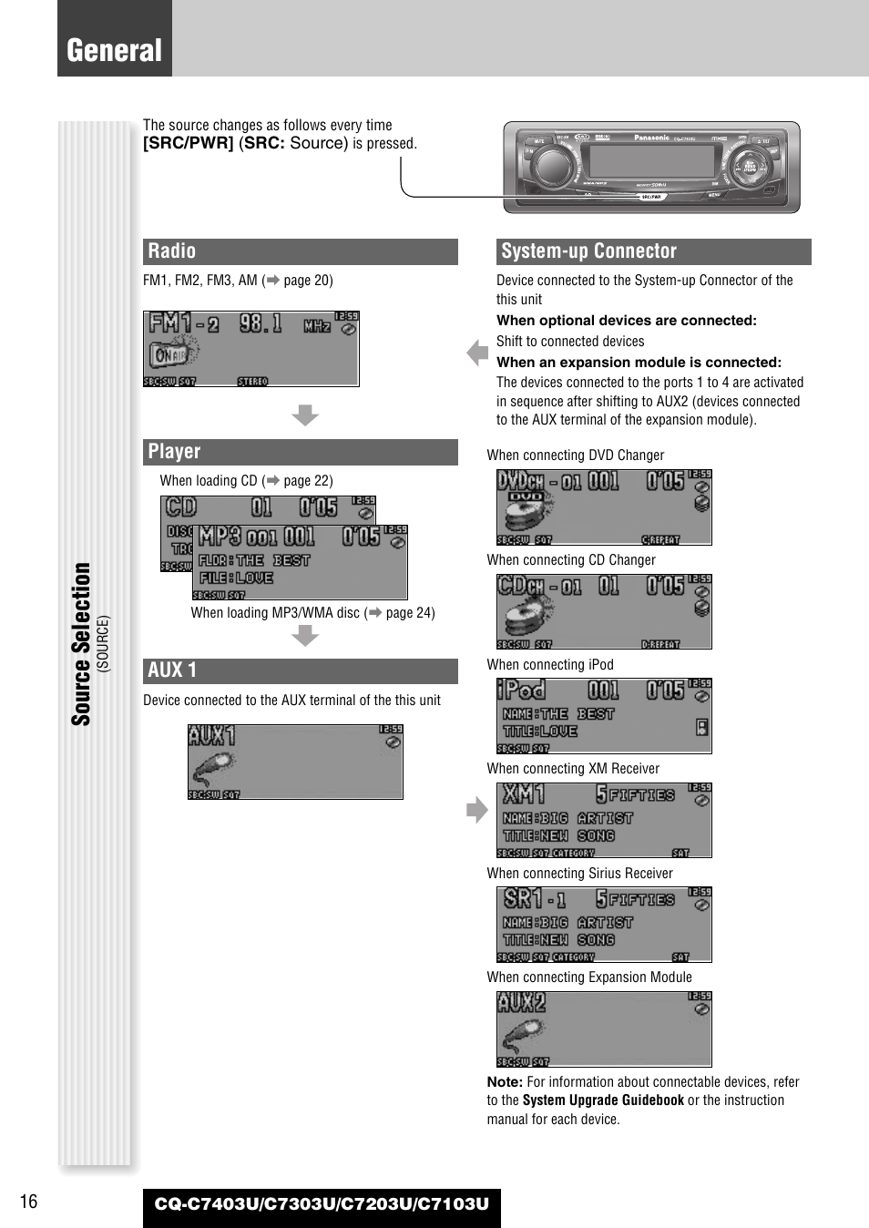 General, Source selection, Radio | Player, Aux 1, System-up connector | Panasonic C7203U User Manual | Page 16 / 114