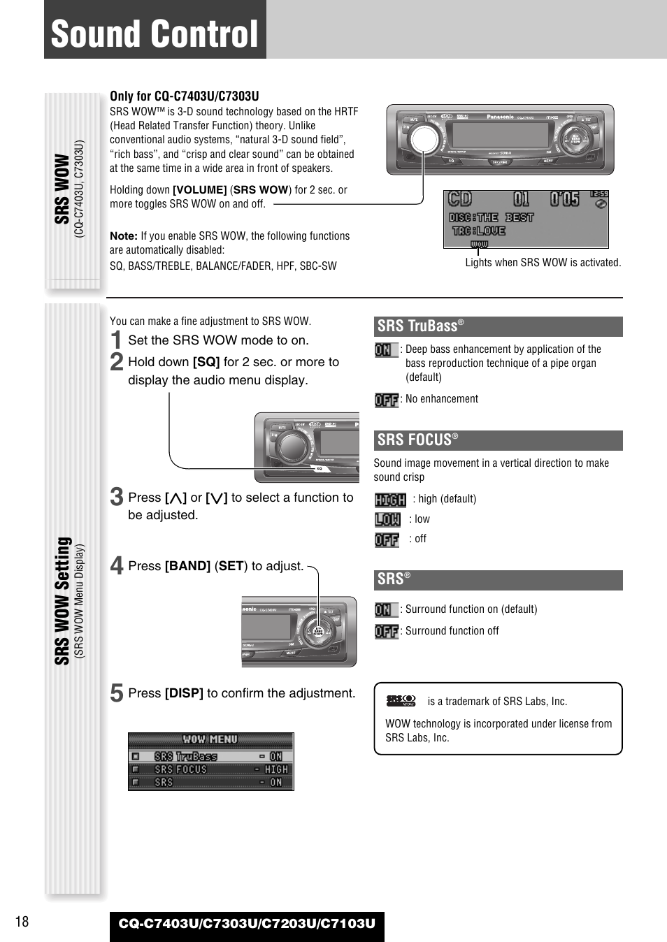 Sound control, Srs wow, Srs wow setting | Panasonic C7203U User Manual | Page 18 / 114
