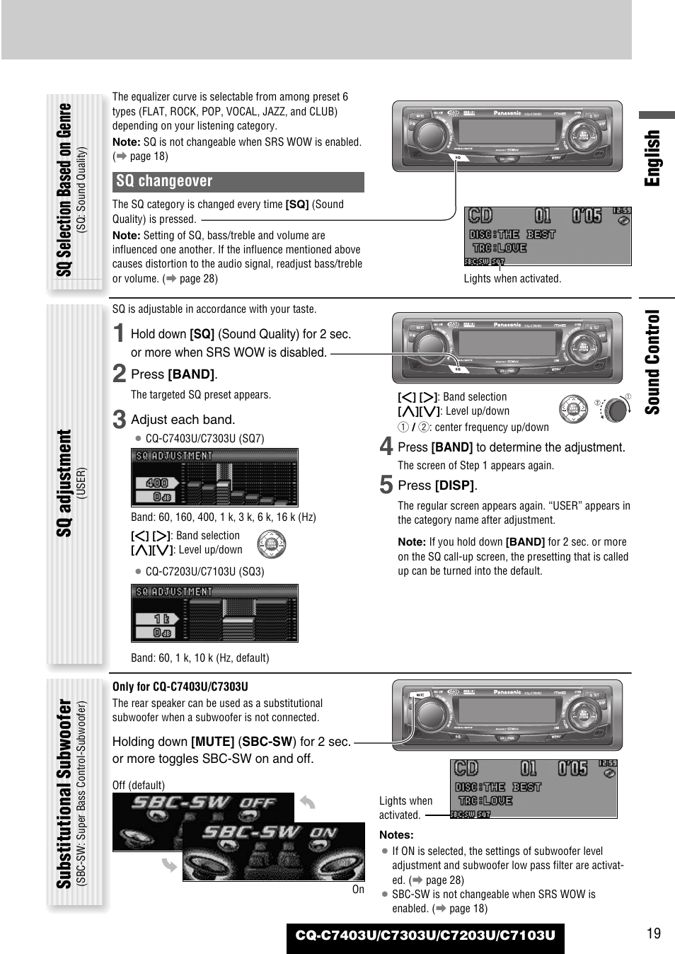 English, Sound control, Sq selection based on genre | Sq adjustment, Substitutional subwoofer, Sq changeover | Panasonic C7203U User Manual | Page 19 / 114