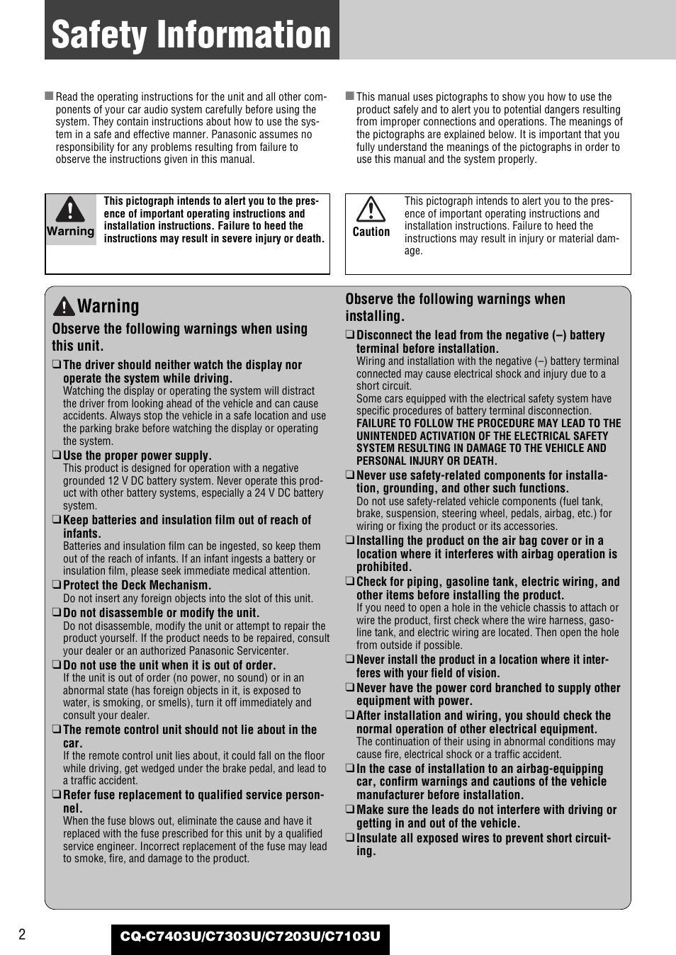 Common, Safety information, Warning | Panasonic C7203U User Manual | Page 2 / 114