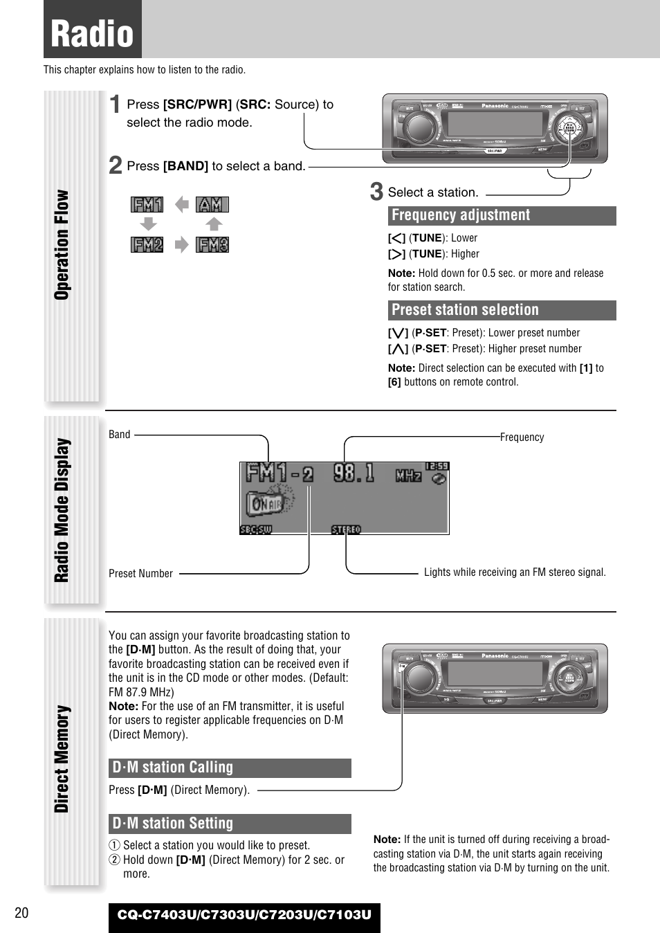 Each source, Radio, Radio mode display operation flow | Panasonic C7203U User Manual | Page 20 / 114