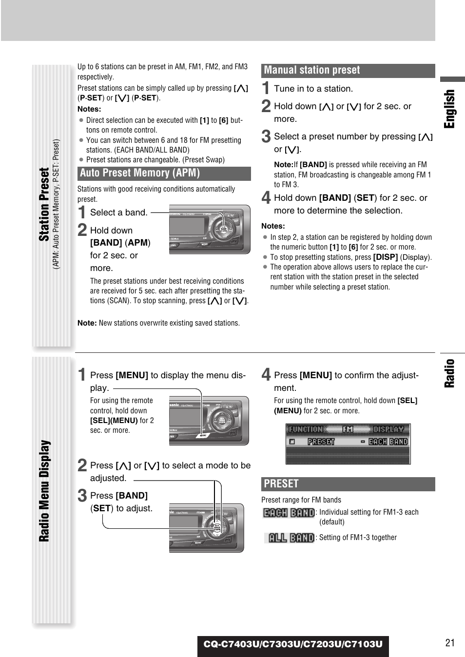 English, Radio, Station preset | Radio menu display | Panasonic C7203U User Manual | Page 21 / 114