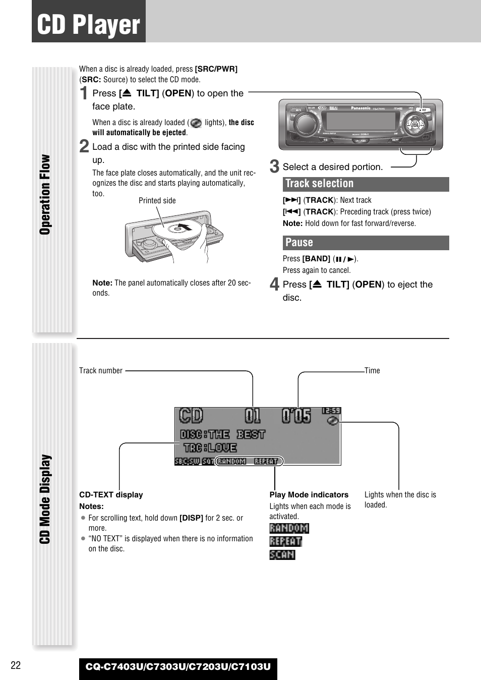 Cd player, Operation flow cd mode display | Panasonic C7203U User Manual | Page 22 / 114