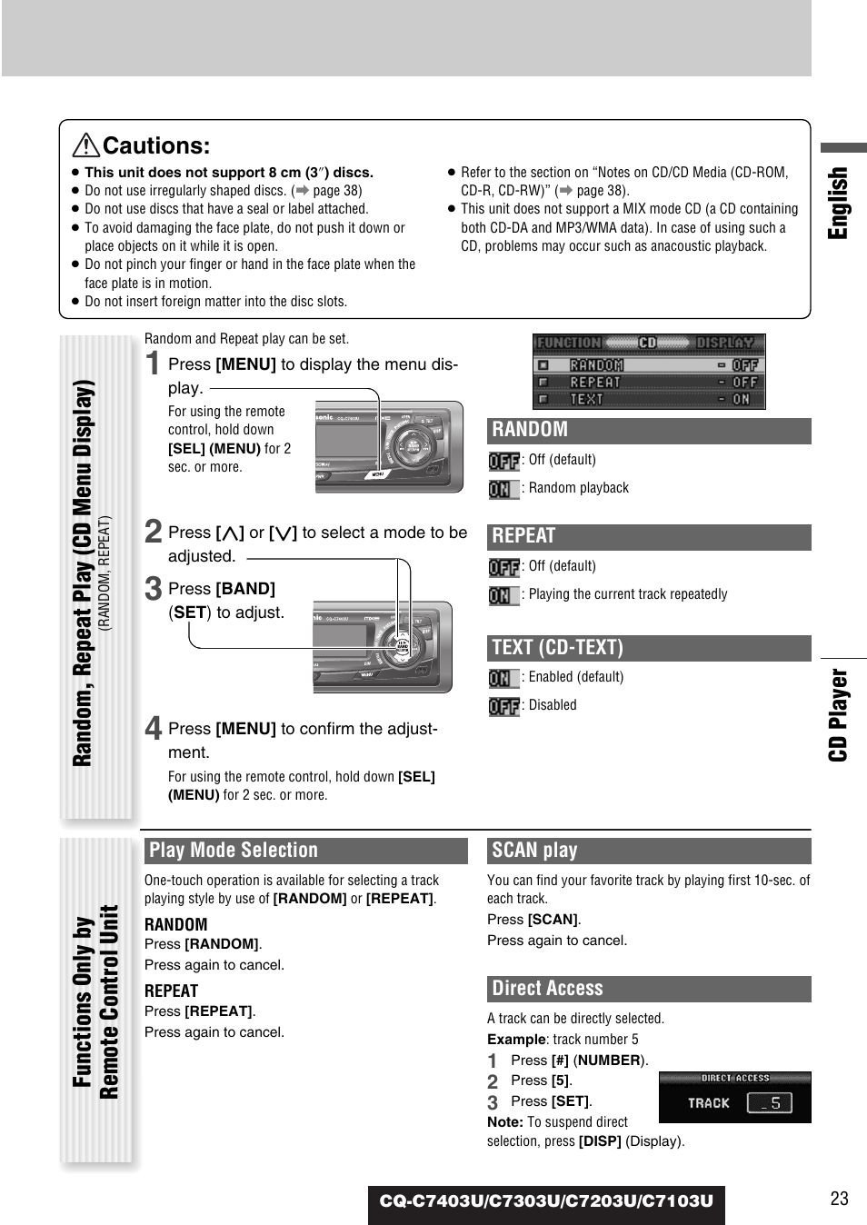 English, Cd player cautions, Random | Repeat, Text (cd-text), Play mode selection, Scan play, Direct access | Panasonic C7203U User Manual | Page 23 / 114