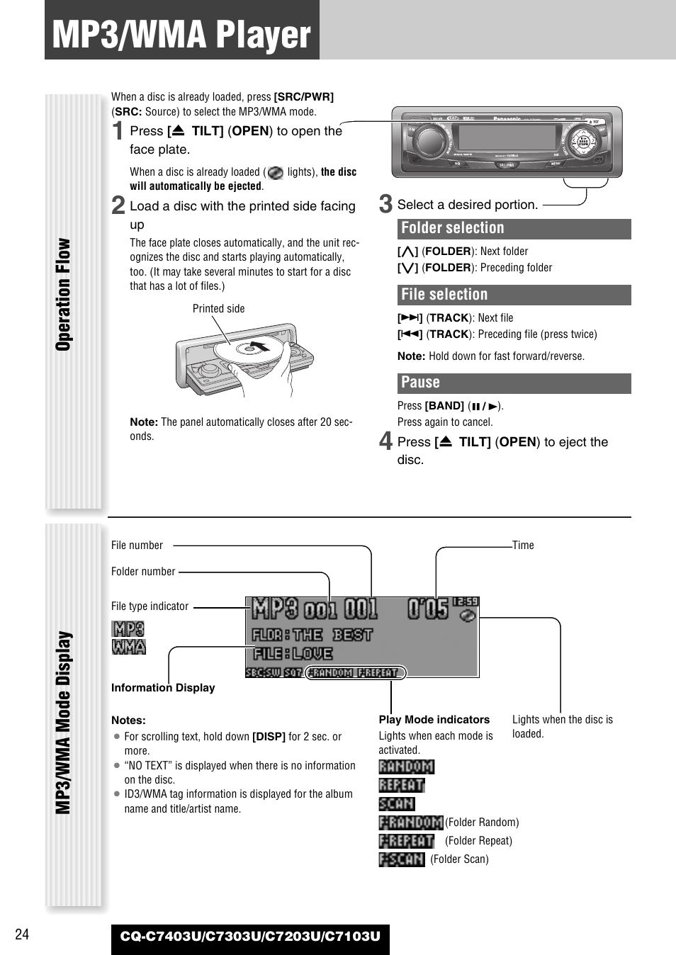 Mp3/wma player, Operation flow, Mp3/wma mode display | Panasonic C7203U User Manual | Page 24 / 114
