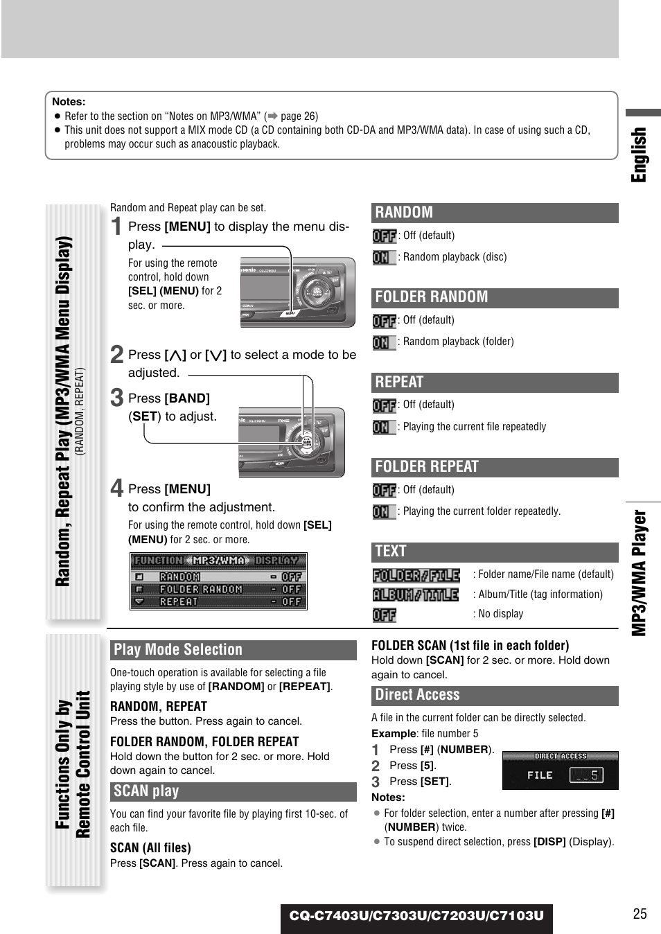 English, Mp3/wma player, Random, repeat play (mp3/wma menu display) | Functions only by remote control unit, Random, Folder random, Repeat, Folder repeat, Text, Play mode selection | Panasonic C7203U User Manual | Page 25 / 114