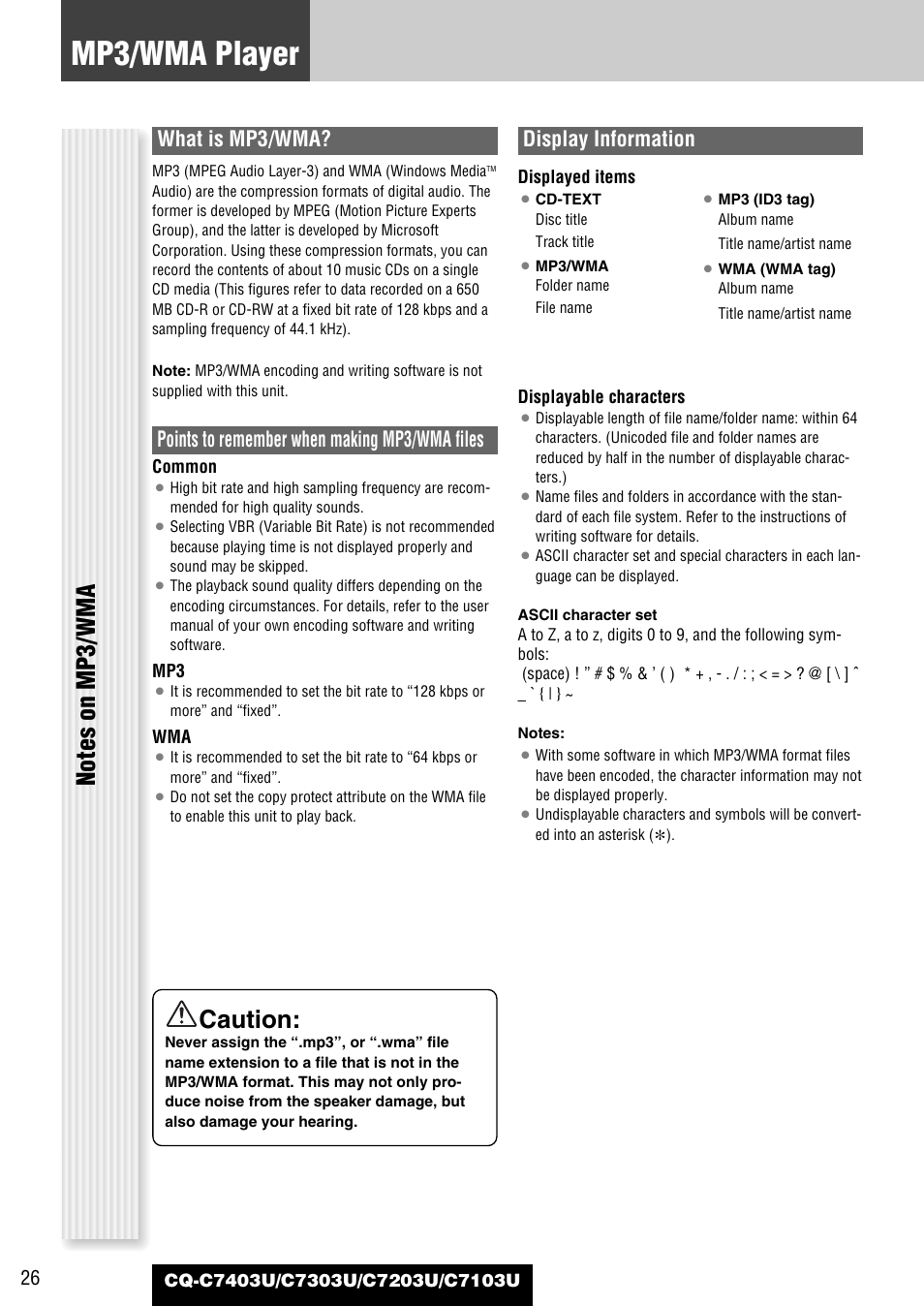 Mp3/wma player, Caution, What is mp3/wma | Points to remember when making mp3/wma files, Display information | Panasonic C7203U User Manual | Page 26 / 114