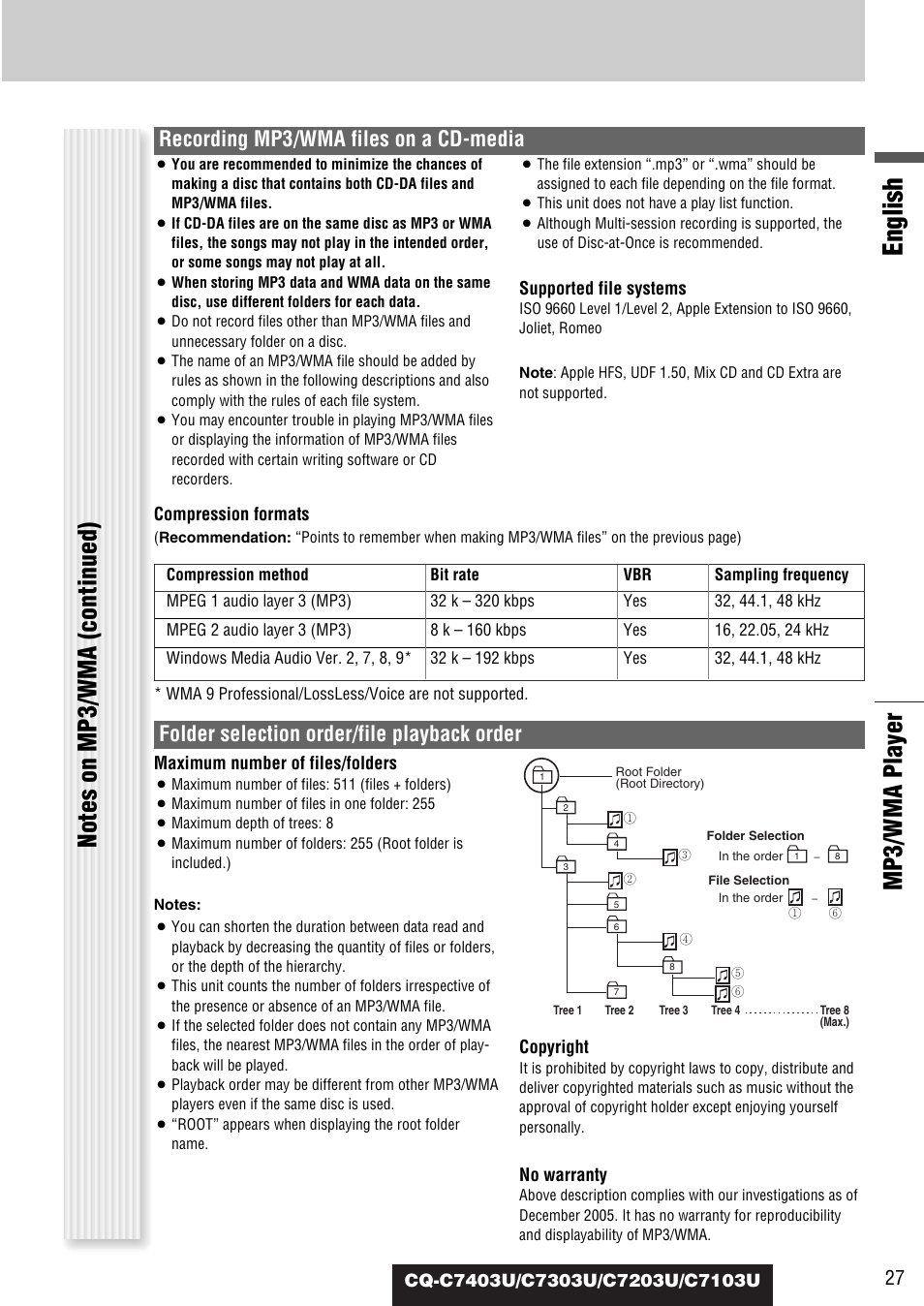 English, Mp3/wma player, Recording mp3/wma files on a cd-media | Folder selection order/file playback order | Panasonic C7203U User Manual | Page 27 / 114