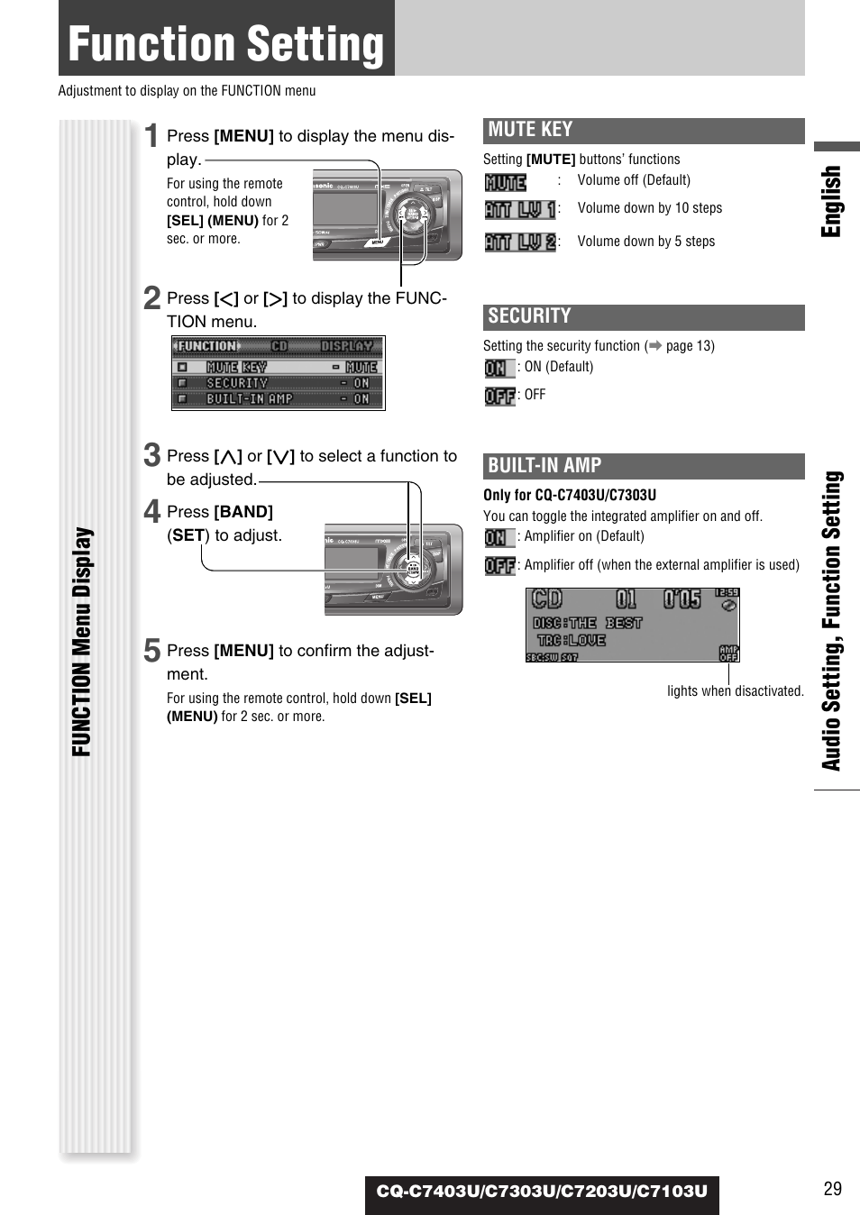 Function setting (security setting etc.), Function setting, English | Audio setting, function setting, Function menu display | Panasonic C7203U User Manual | Page 29 / 114