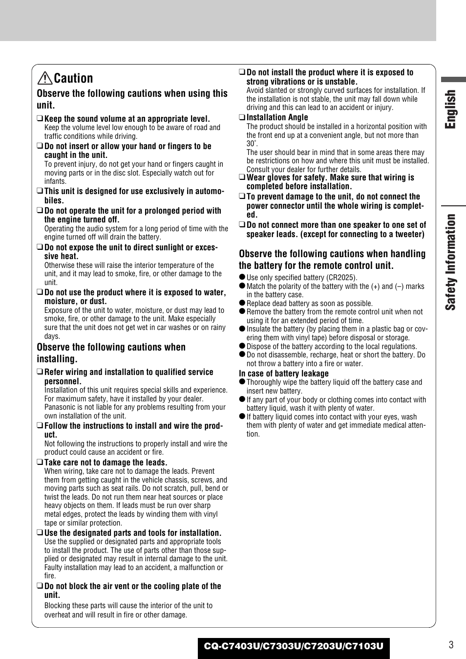 English, Safety information, Caution | Panasonic C7203U User Manual | Page 3 / 114