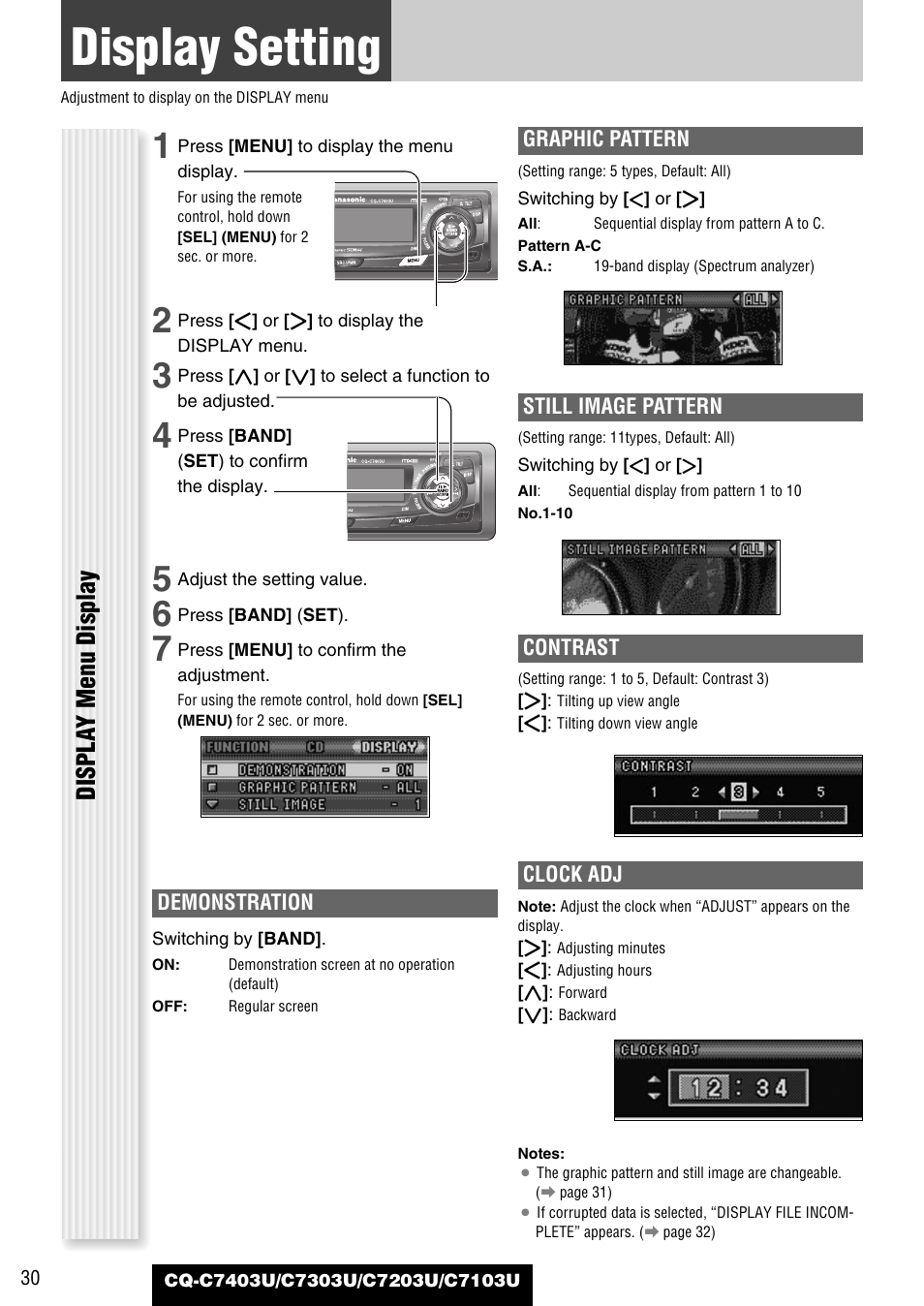 Display setting, Displa y menu display | Panasonic C7203U User Manual | Page 30 / 114