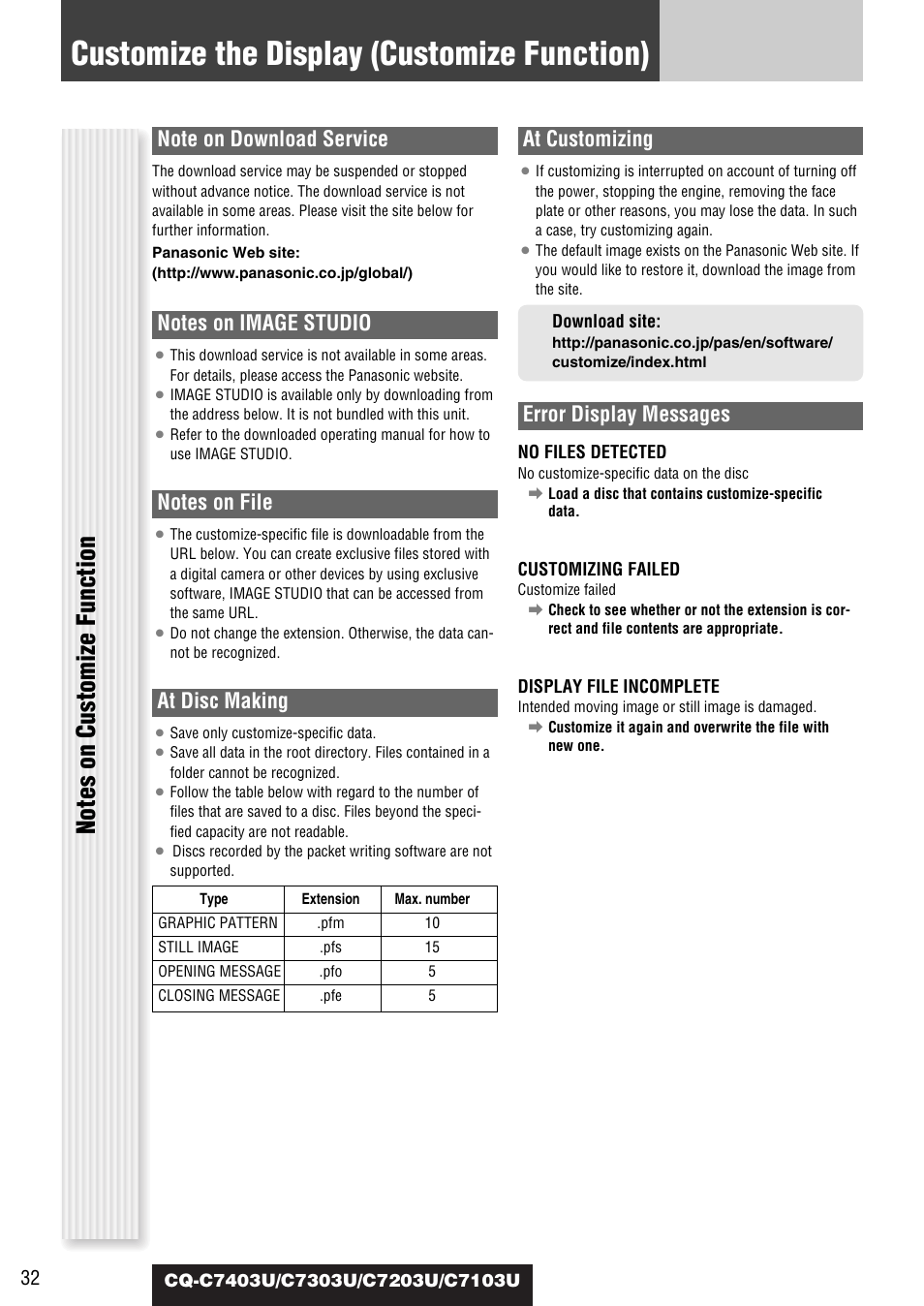 Customize the display (customize function), At disc making, At customizing | Error display messages | Panasonic C7203U User Manual | Page 32 / 114