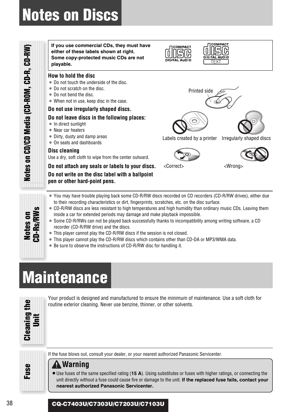 Notes on discs, Maintenance, Cleaning the unit fuse | Warning | Panasonic C7203U User Manual | Page 38 / 114