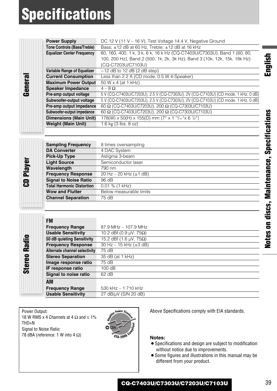 Specifications, English, General | Cd player, Stereo radio | Panasonic C7203U User Manual | Page 39 / 114