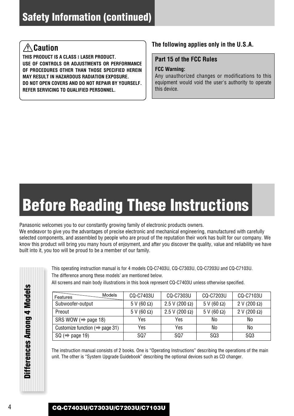 Before reading these instructions, Safety information (continued), Caution | Differences among 4 models | Panasonic C7203U User Manual | Page 4 / 114