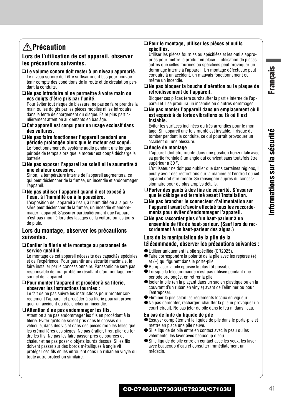 Français, Informations sur la sécurité, Précaution | Panasonic C7203U User Manual | Page 41 / 114