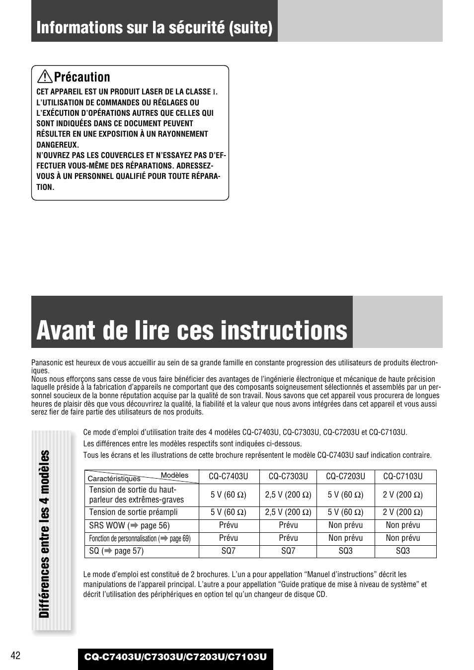 Avant de lire ces instructions, Informations sur la sécurité (suite), Différences entre les 4 modèles | Précaution | Panasonic C7203U User Manual | Page 42 / 114