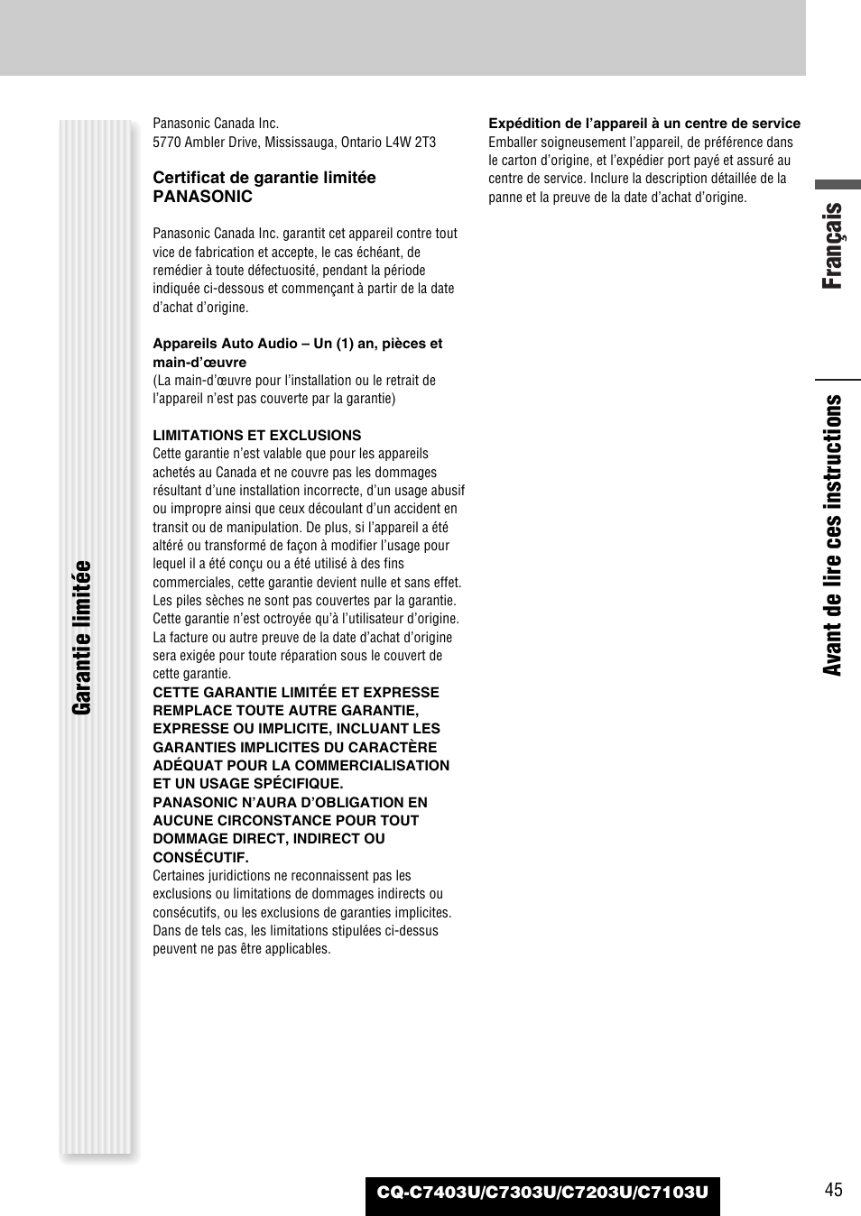 Français, Avant de lire ces instructions garantie limitée | Panasonic C7203U User Manual | Page 45 / 114