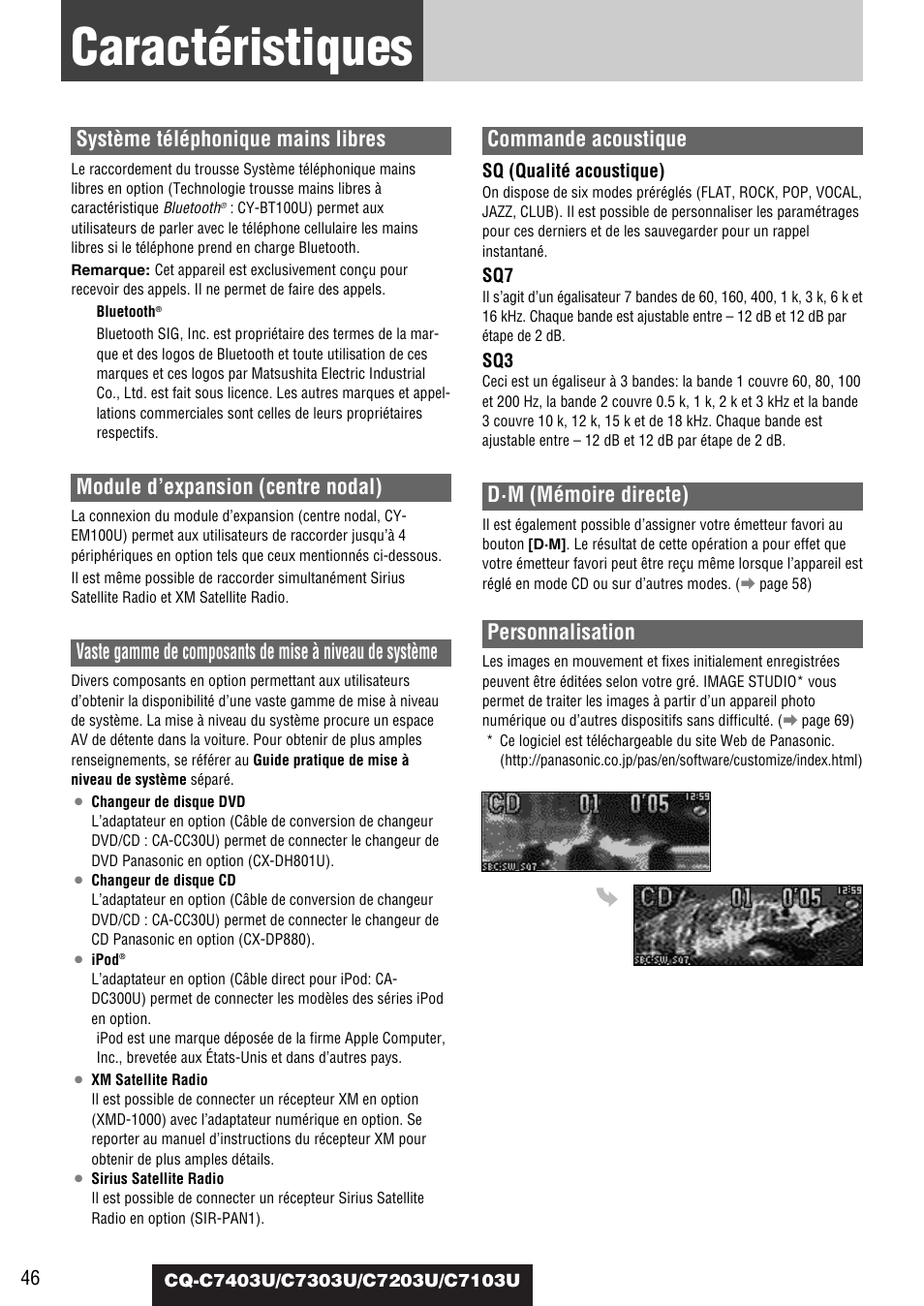 Caracteristiques, Caractéristiques, Système téléphonique mains libres | Module d’expansion (centre nodal), Commande acoustique, D·m (mémoire directe), Personnalisation | Panasonic C7203U User Manual | Page 46 / 114