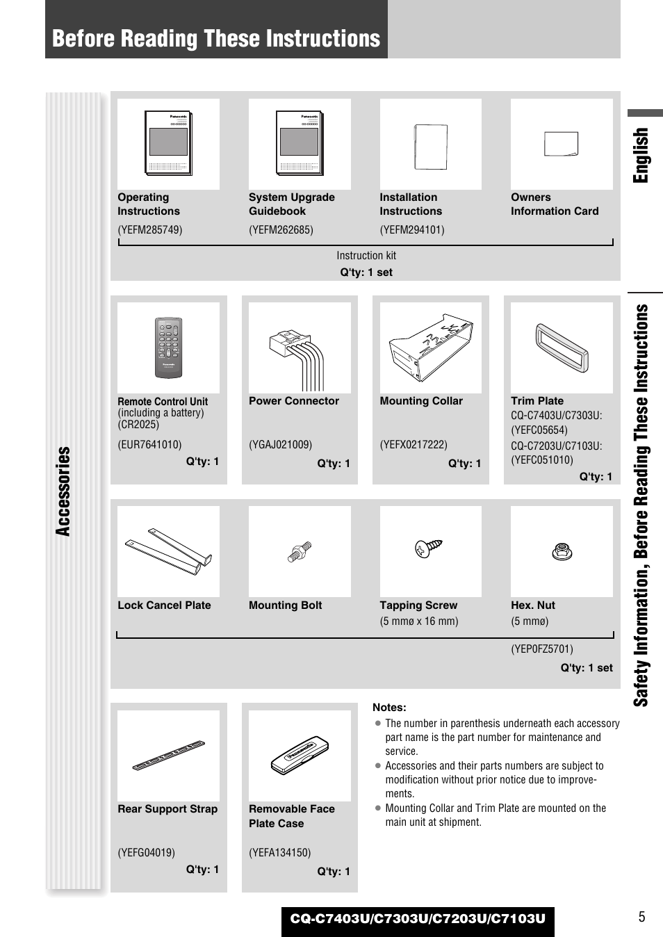 Before reading these instructions, English, Accessories | Panasonic C7203U User Manual | Page 5 / 114