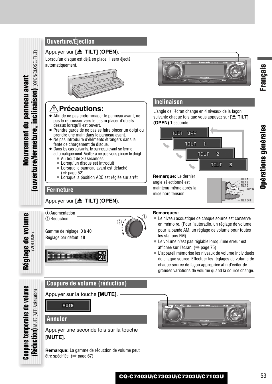 Français, Réglage de volume, Coupure temporaire de volume (réduction) | Précautions, Opérations générales, Ouverture/éjection, Fermeture, Inclinaison, Coupure de volume (réduction), Annuler | Panasonic C7203U User Manual | Page 53 / 114