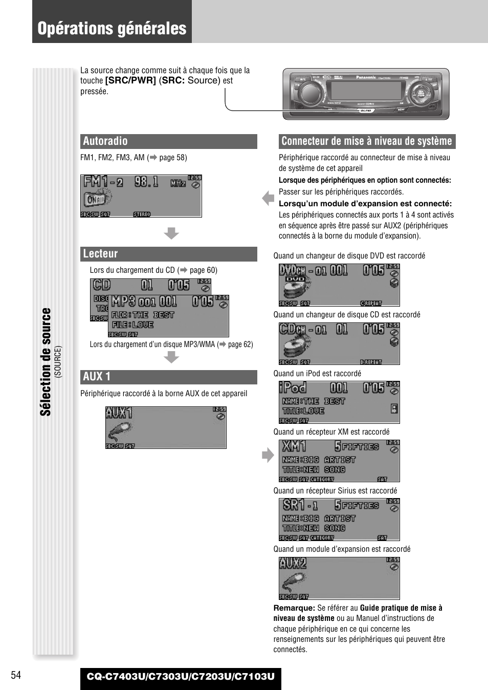 Opérations générales, Sélection de source, Autoradio | Lecteur, Aux 1, Connecteur de mise à niveau de système | Panasonic C7203U User Manual | Page 54 / 114