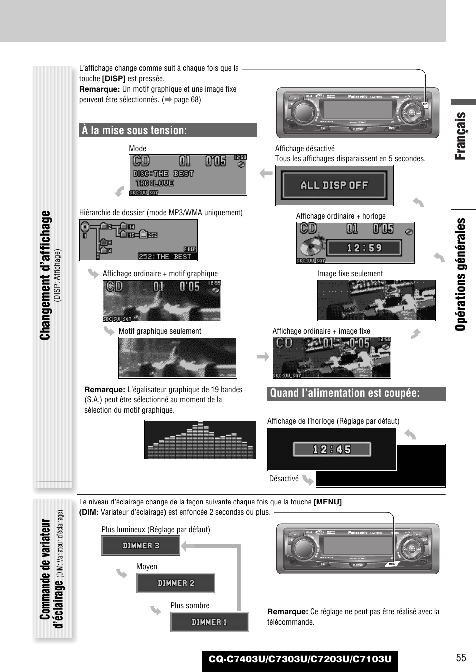 Français, Opérations générales, Changement d’affichage | Commande de variateur d’éclairage, Quand l’alimentation est coupée, À la mise sous tension | Panasonic C7203U User Manual | Page 55 / 114