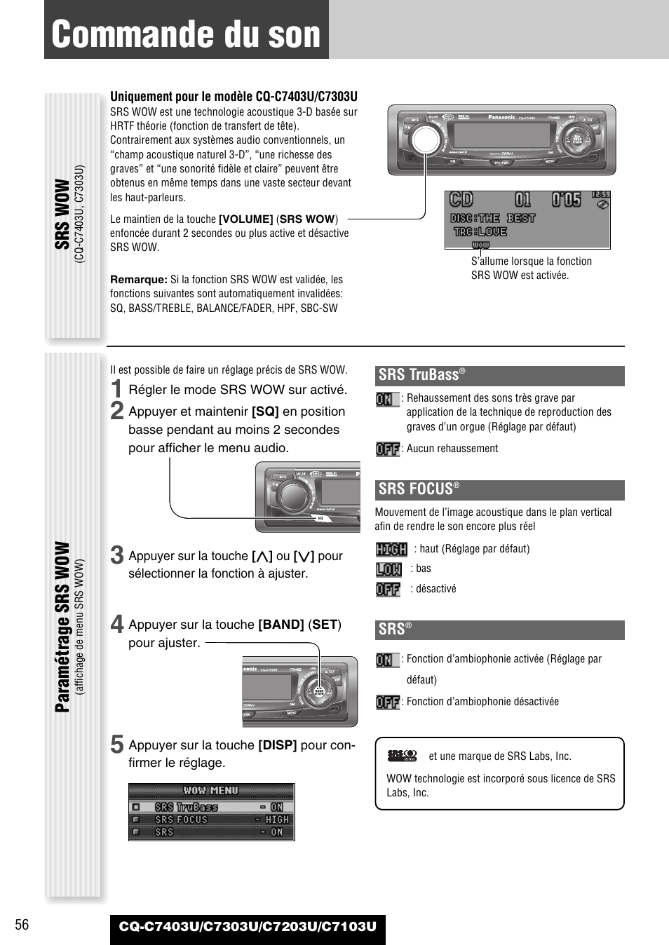 Commande du son, Srs wow, Paramétrage srs wow | Panasonic C7203U User Manual | Page 56 / 114