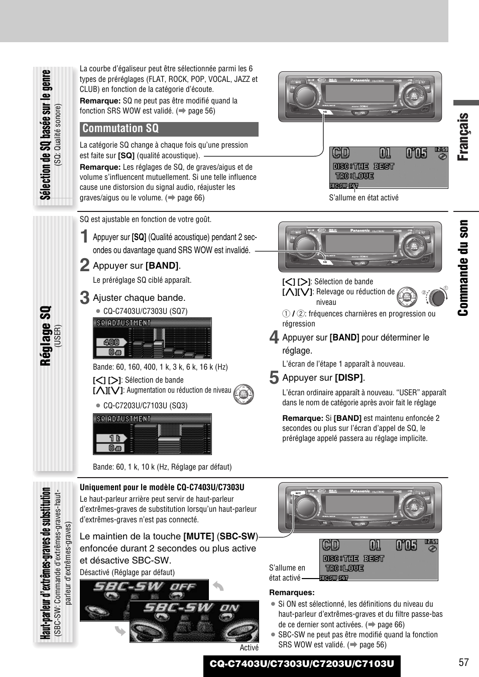 Français, Commande du son, Sélection de sq basée sur le genre | Réglage sq, Haut-parleur d’extrêmes-graves de substitution, Commutation sq | Panasonic C7203U User Manual | Page 57 / 114