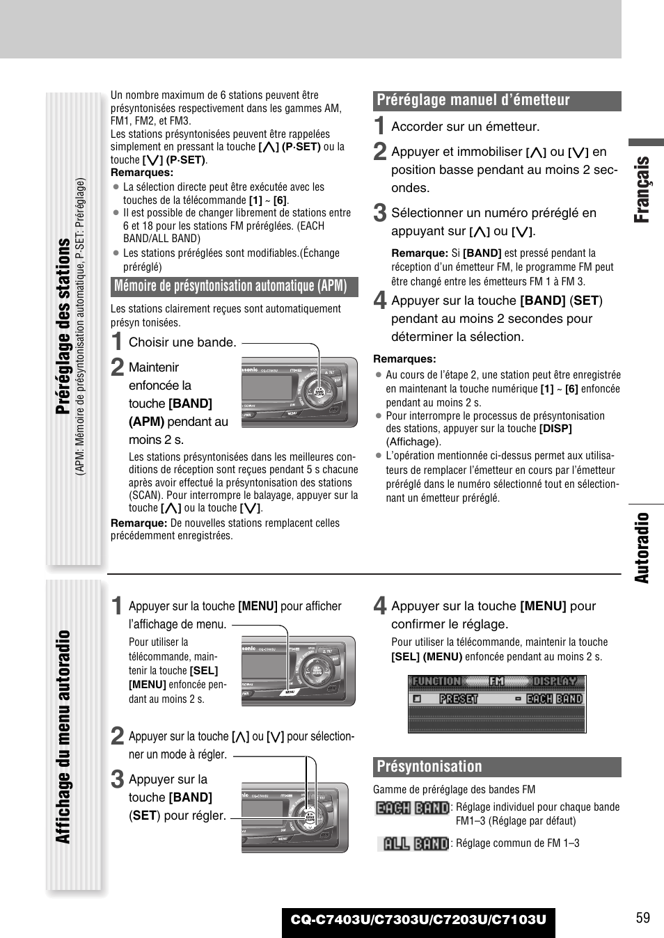 Français, Autoradio, Préréglage des stations | Affichage du menu autoradio | Panasonic C7203U User Manual | Page 59 / 114