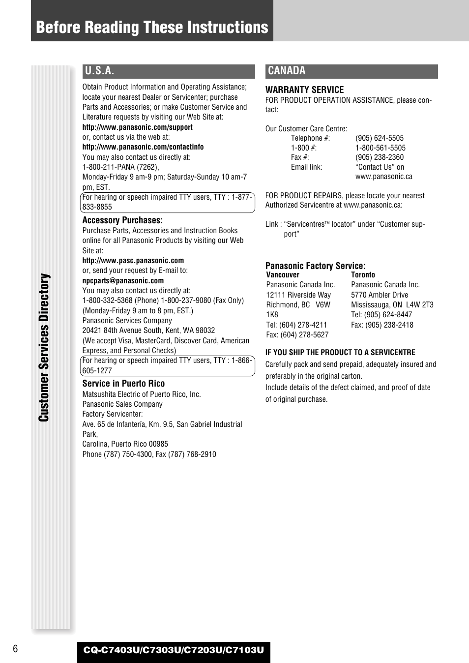 Before reading these instructions, Customer ser vices director y, U.s.a | Canada | Panasonic C7203U User Manual | Page 6 / 114