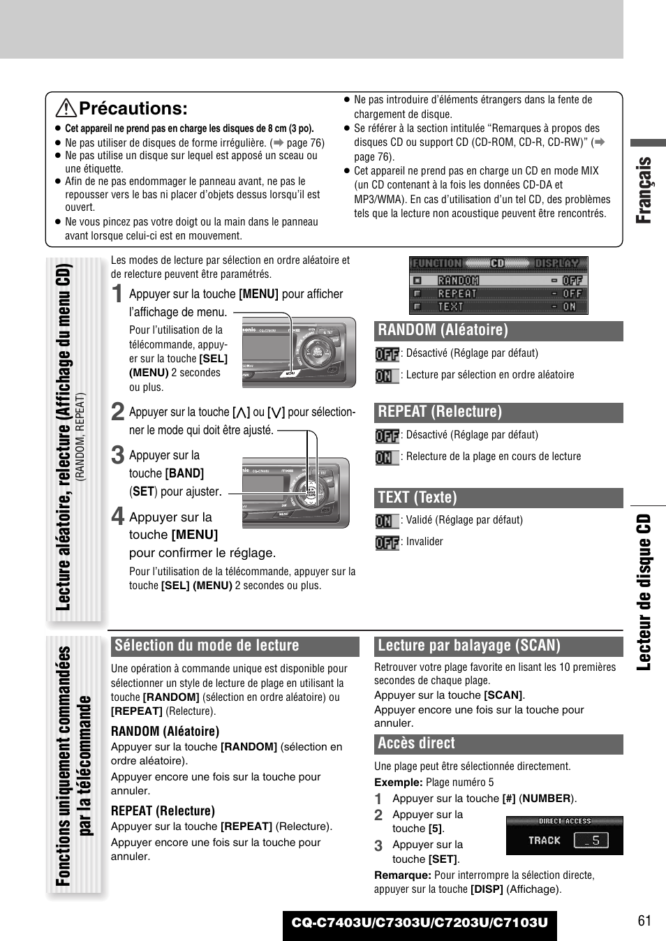 Français, Lecteur de disque cd précautions, Random (aléatoire) | Repeat (relecture), Text (texte), Sélection du mode de lecture, Lecture par balayage (scan), Accès direct | Panasonic C7203U User Manual | Page 61 / 114