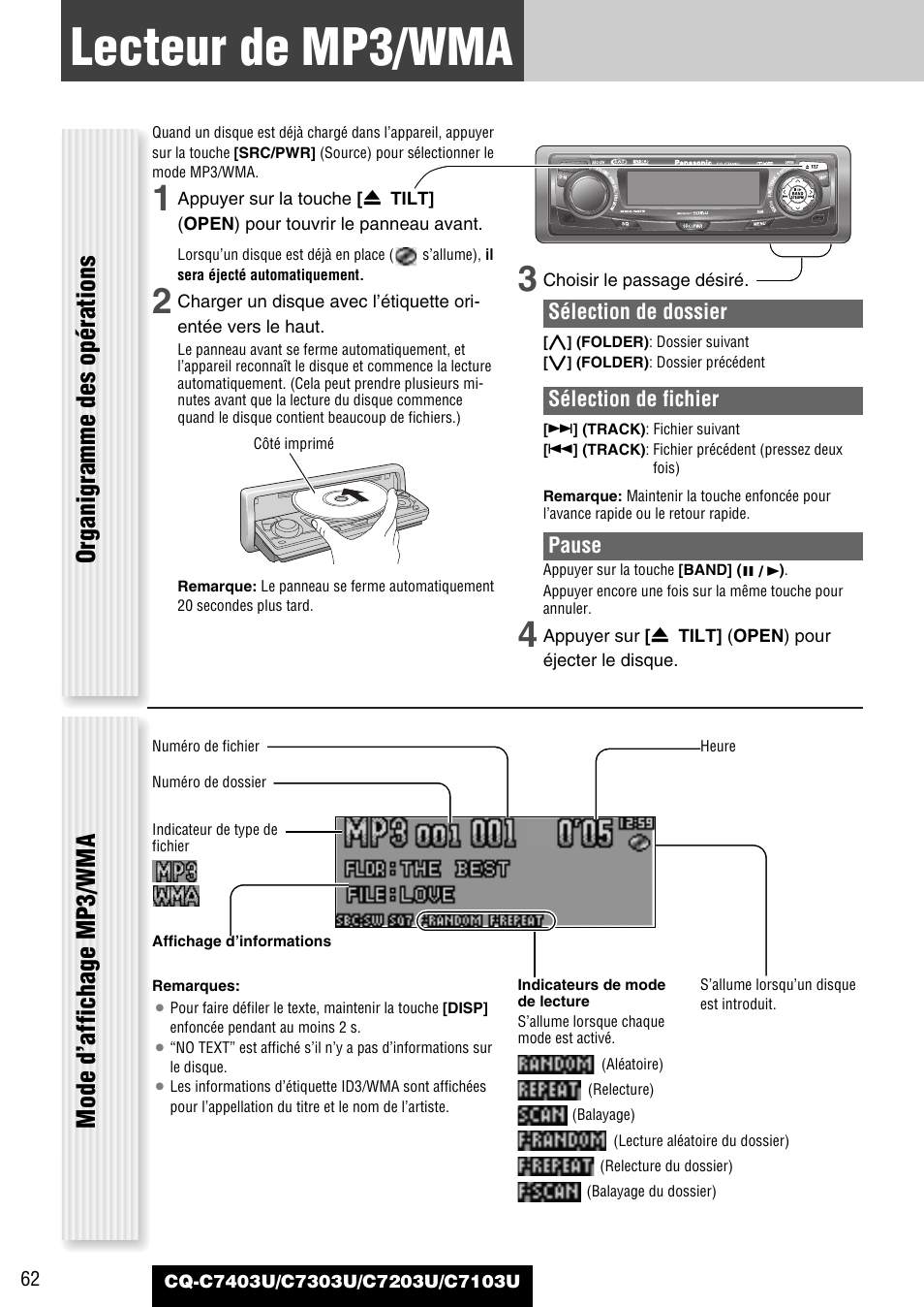 Lecteur de mp3/wma, Organigramme des opérations, Mode d’affichage mp3/wma | Panasonic C7203U User Manual | Page 62 / 114