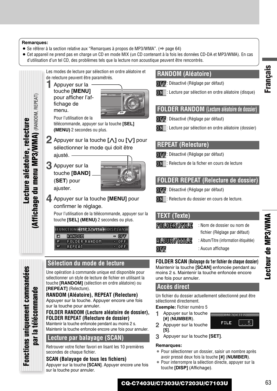 Français, Lecteur de mp3/wma | Panasonic C7203U User Manual | Page 63 / 114
