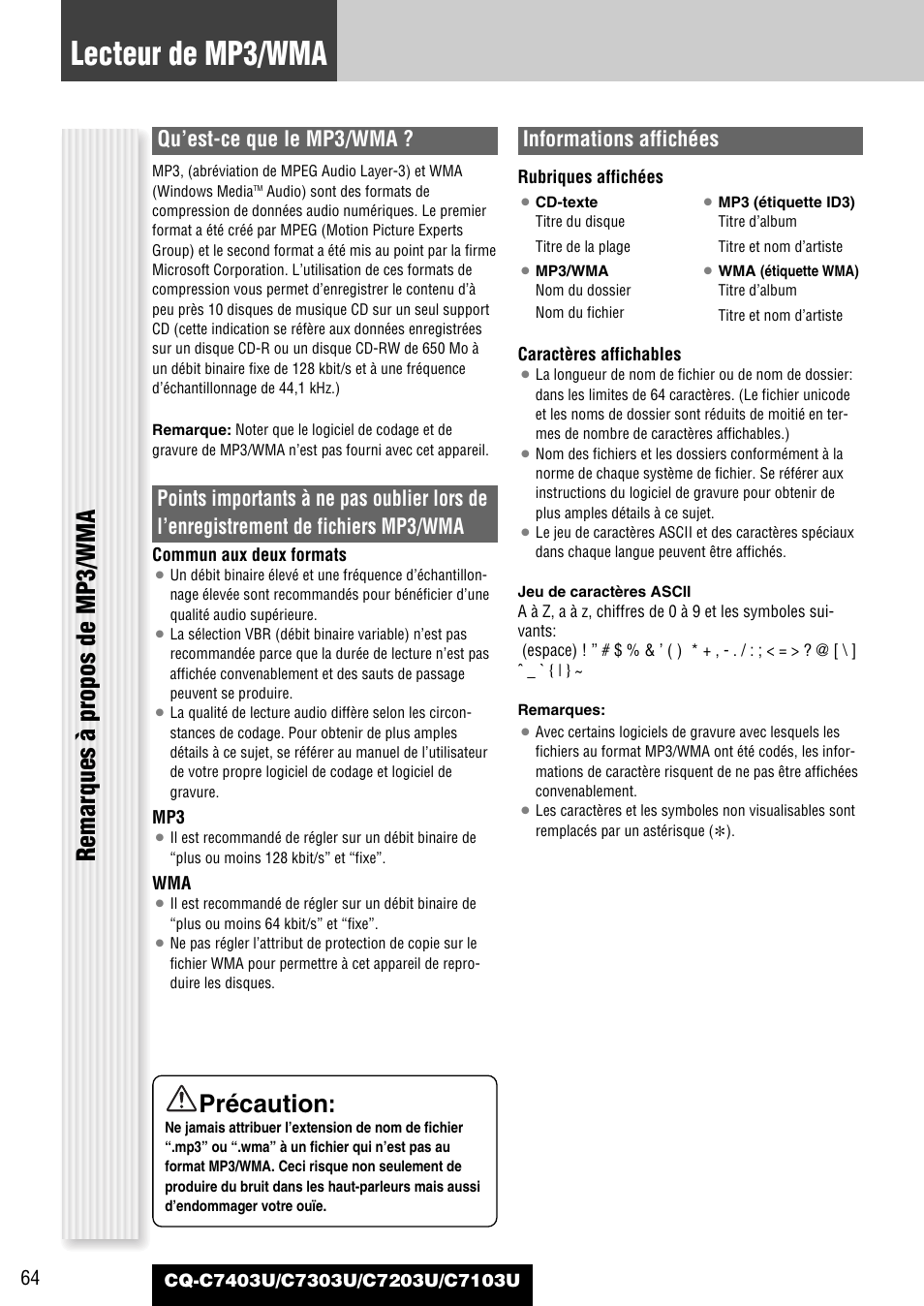 Lecteur de mp3/wma, Remarques à propos de mp3/wma, Précaution | Qu’est-ce que le mp3/wma, Informations affichées | Panasonic C7203U User Manual | Page 64 / 114