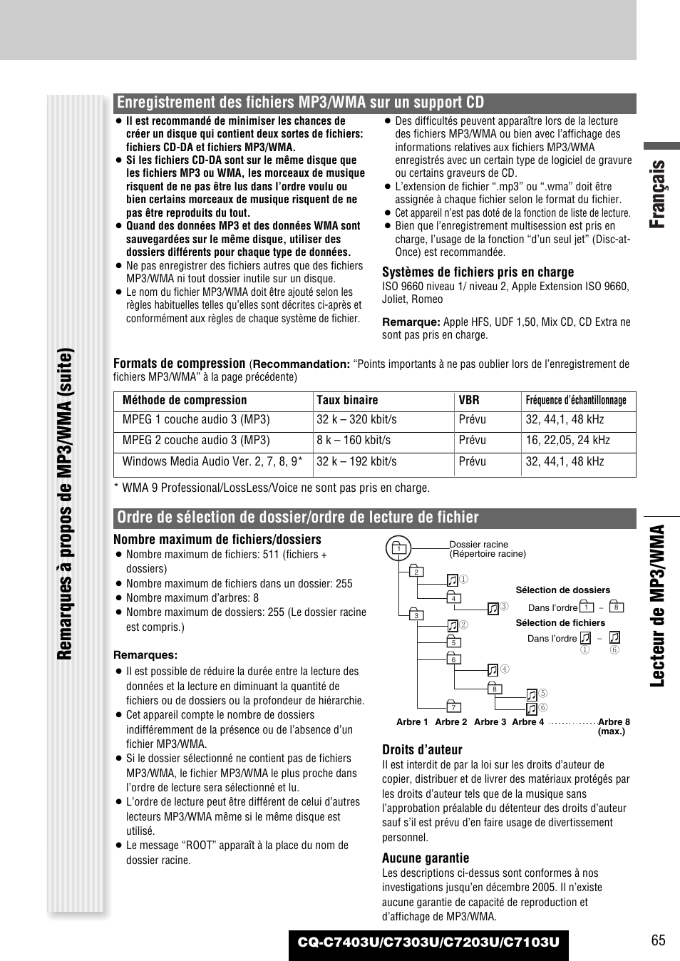 Français, Lecteur de mp3/wma, Remarques à propos de mp3/wma (suite) | Panasonic C7203U User Manual | Page 65 / 114