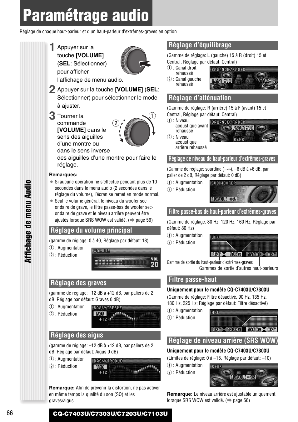 Au besoin, Parametrage audio, Paramétrage audio | Affichage de menu audio | Panasonic C7203U User Manual | Page 66 / 114