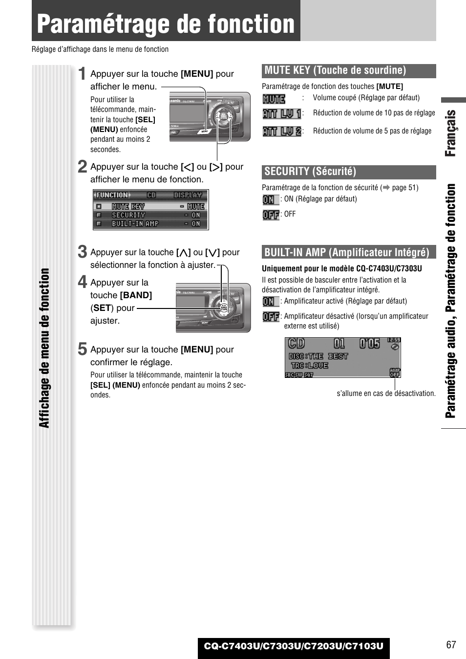 Paramétrage de fonction, Français | Panasonic C7203U User Manual | Page 67 / 114