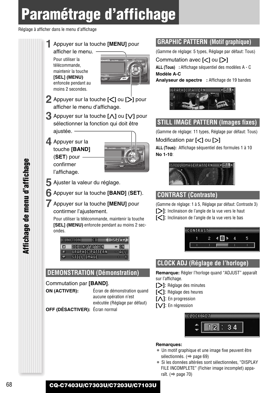 Parametrage d'affichage, Paramétrage d’affichage, Affichage de menu d’affichage | Panasonic C7203U User Manual | Page 68 / 114