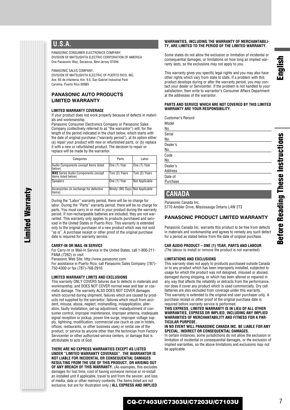 English, Before reading these instructions, Limited w a rranty | U.s.a, Canada | Panasonic C7203U User Manual | Page 7 / 114