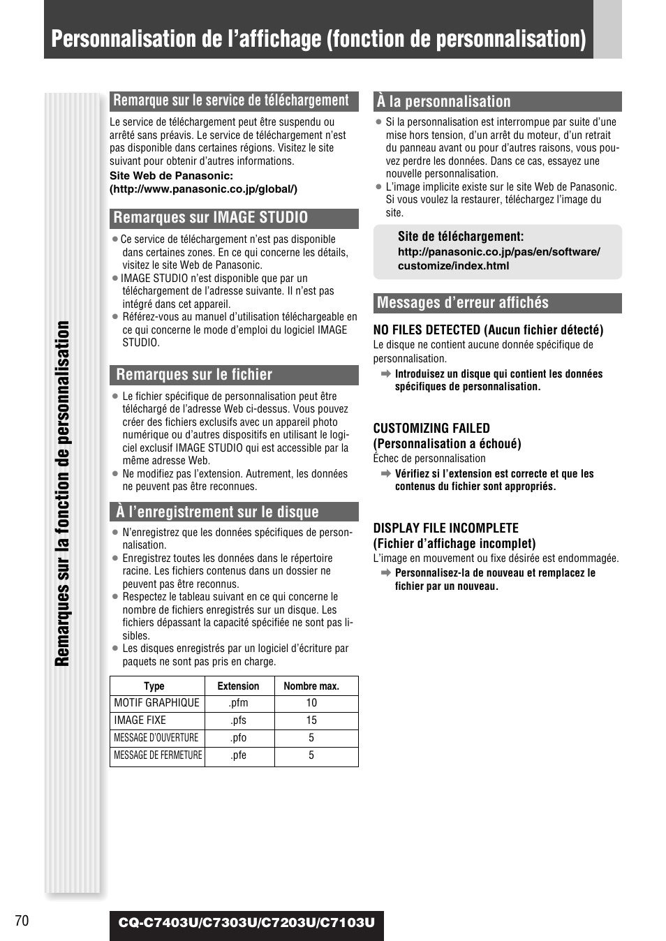 Remarques sur la fonction de personnalisation, Remarque sur le service de téléchargement, Remarques sur image studio | Remarques sur le fichier, À l’enregistrement sur le disque, À la personnalisation, Messages d’erreur affichés | Panasonic C7203U User Manual | Page 70 / 114