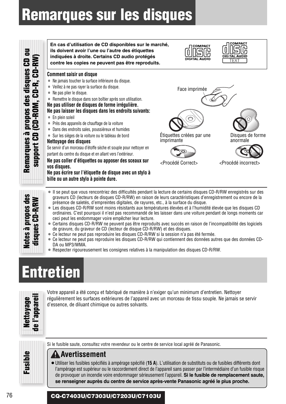 Remarques sur les disques, Entretien, Nettoyage de l’appareil fusible | Avertissement | Panasonic C7203U User Manual | Page 76 / 114