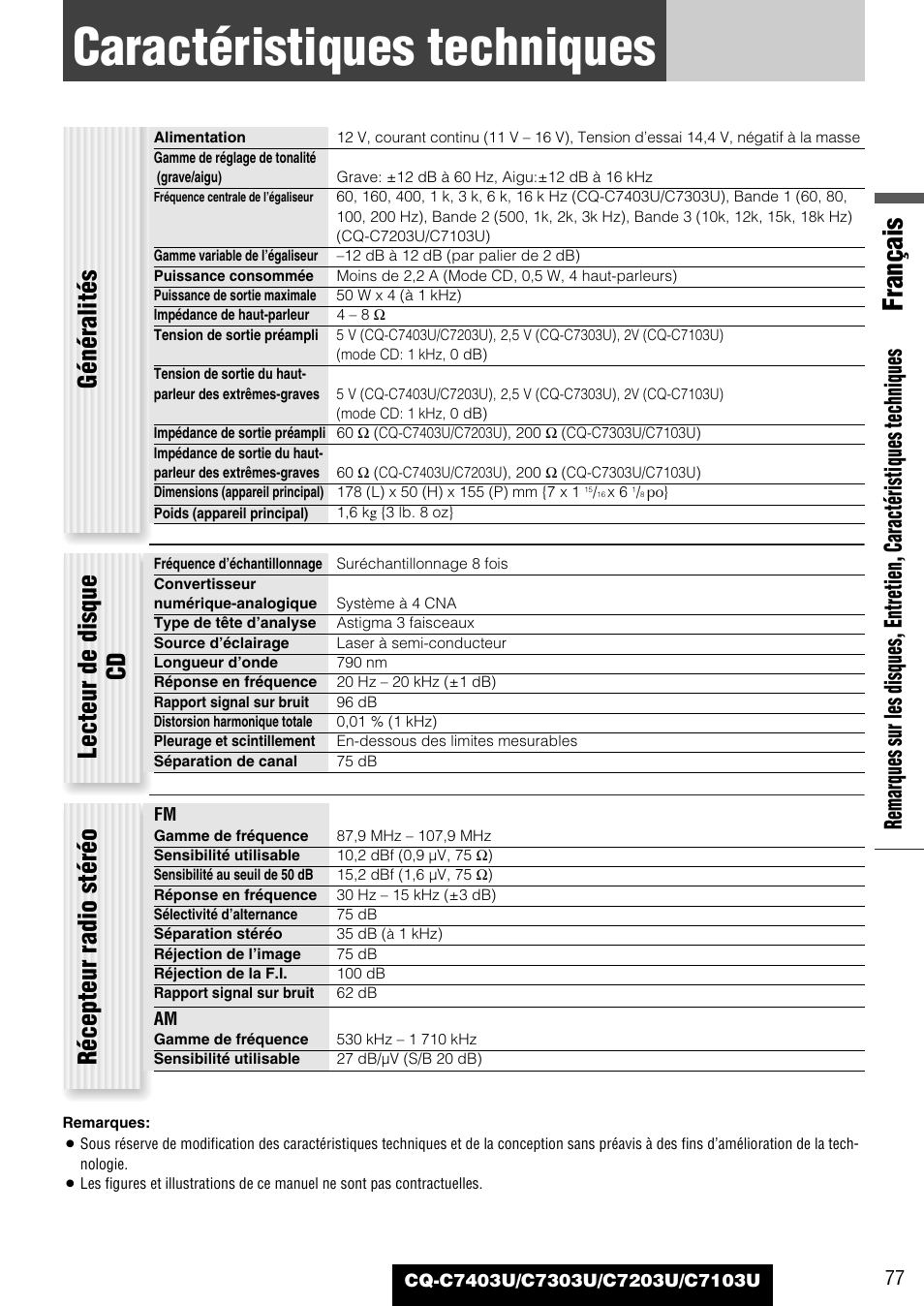 Caracteristiques techniques, Caractéristiques techniques, Français | Généralités, Lecteur de disque cd, Récepteur radio stéréo | Panasonic C7203U User Manual | Page 77 / 114