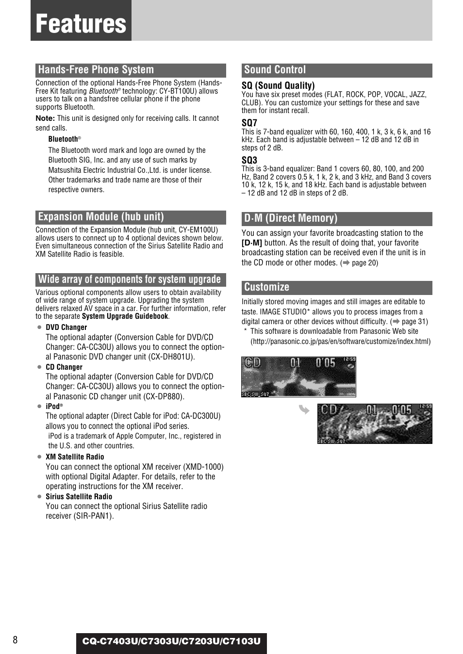 Features, Hands-free phone system, Expansion module (hub unit) | Wide array of components for system upgrade, Sound control, Customize | Panasonic C7203U User Manual | Page 8 / 114