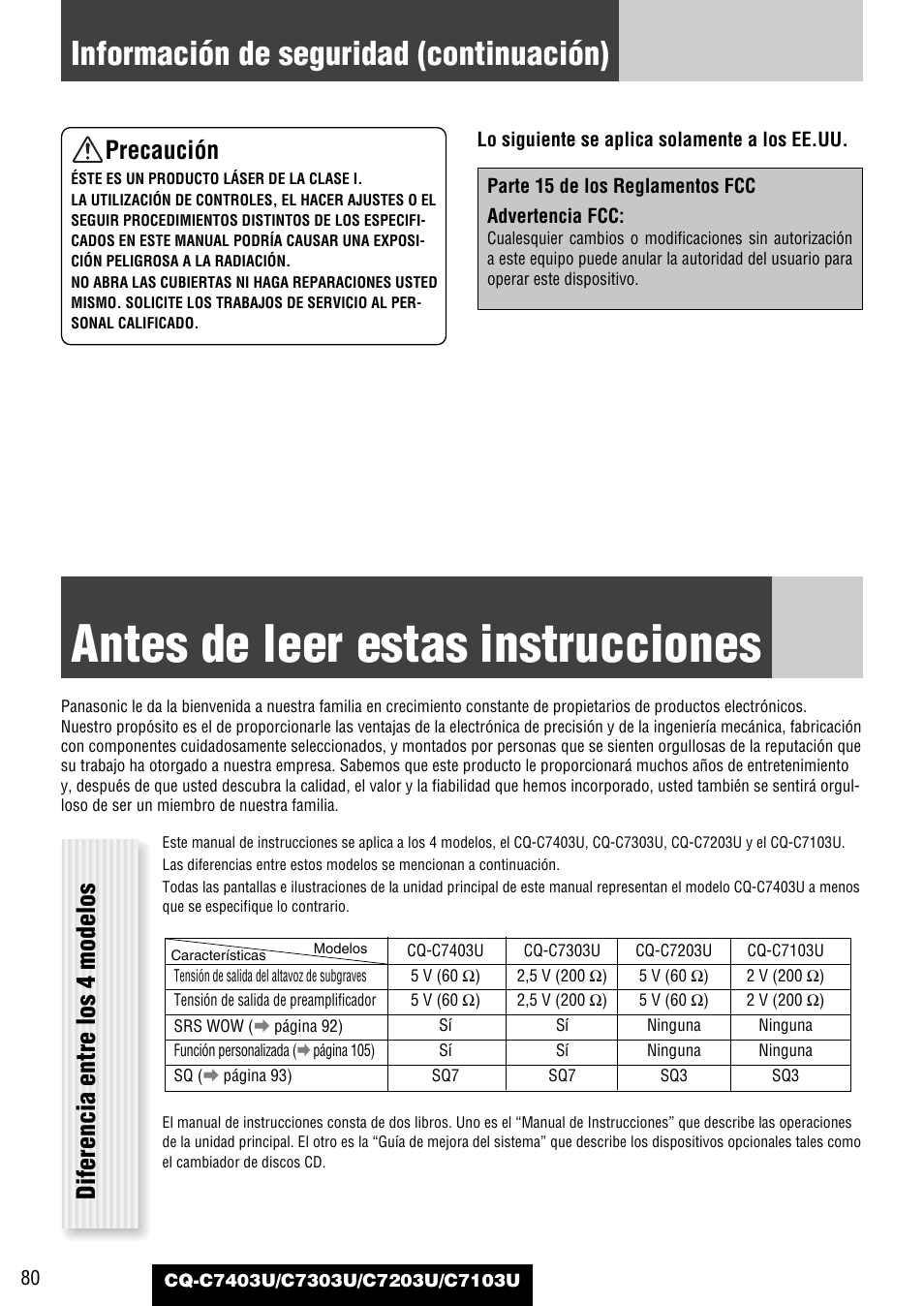 Antes de leer estas instrucciones, Información de seguridad (continuación), Diferencia entre los 4 modelos | Precaución | Panasonic C7203U User Manual | Page 80 / 114